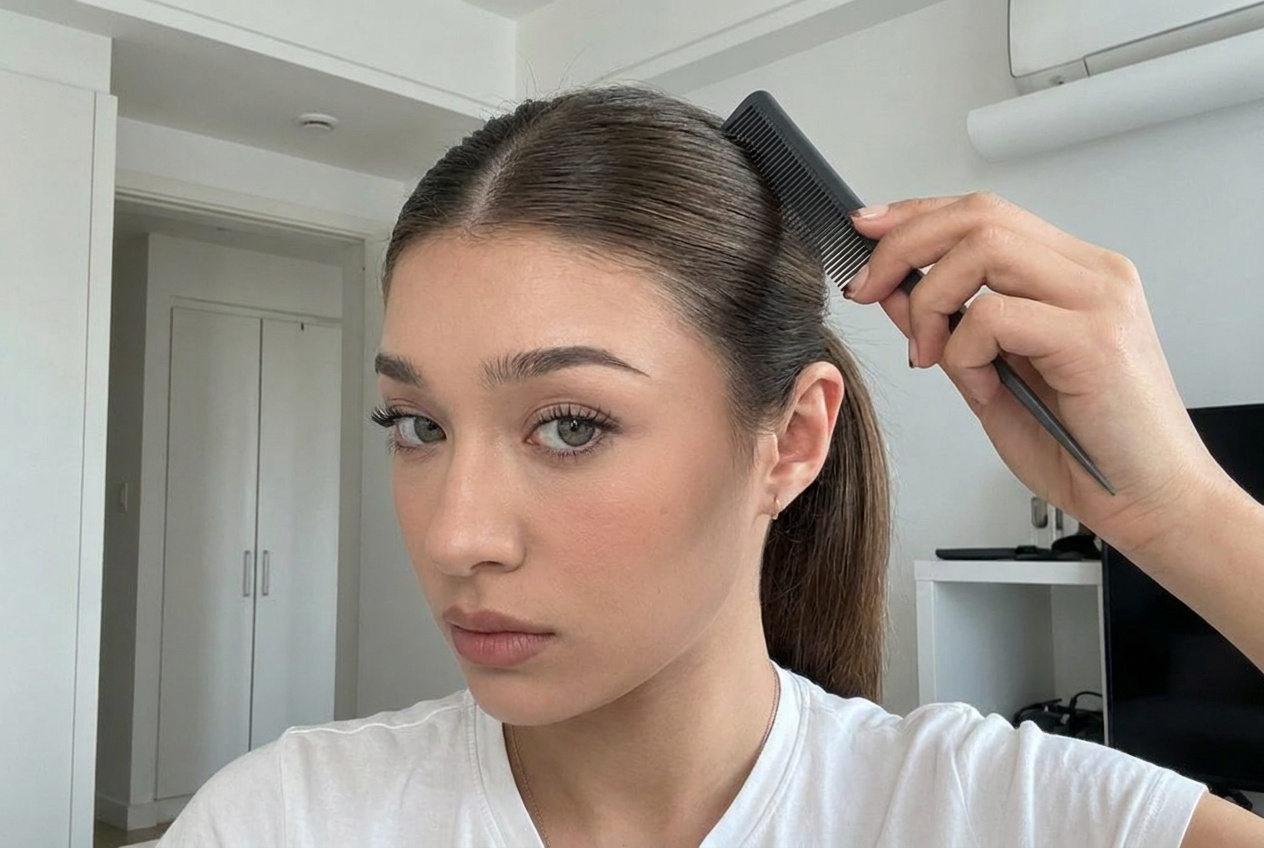 Ponytail placement at the mid-back of the head, the position that reads elegant rather than severe