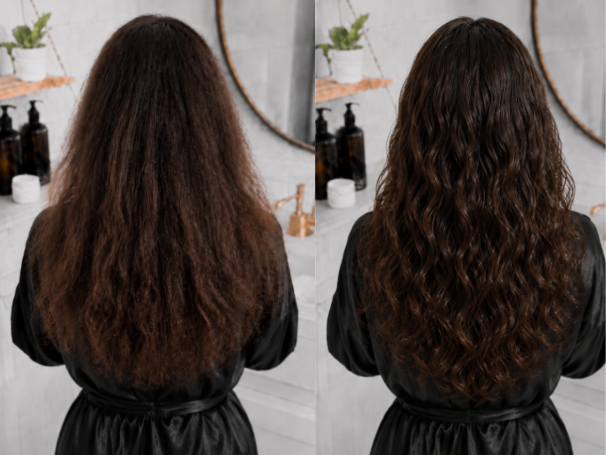 Side-by-side comparison, blowout in humidity vs. embraced wave pattern styled correctly