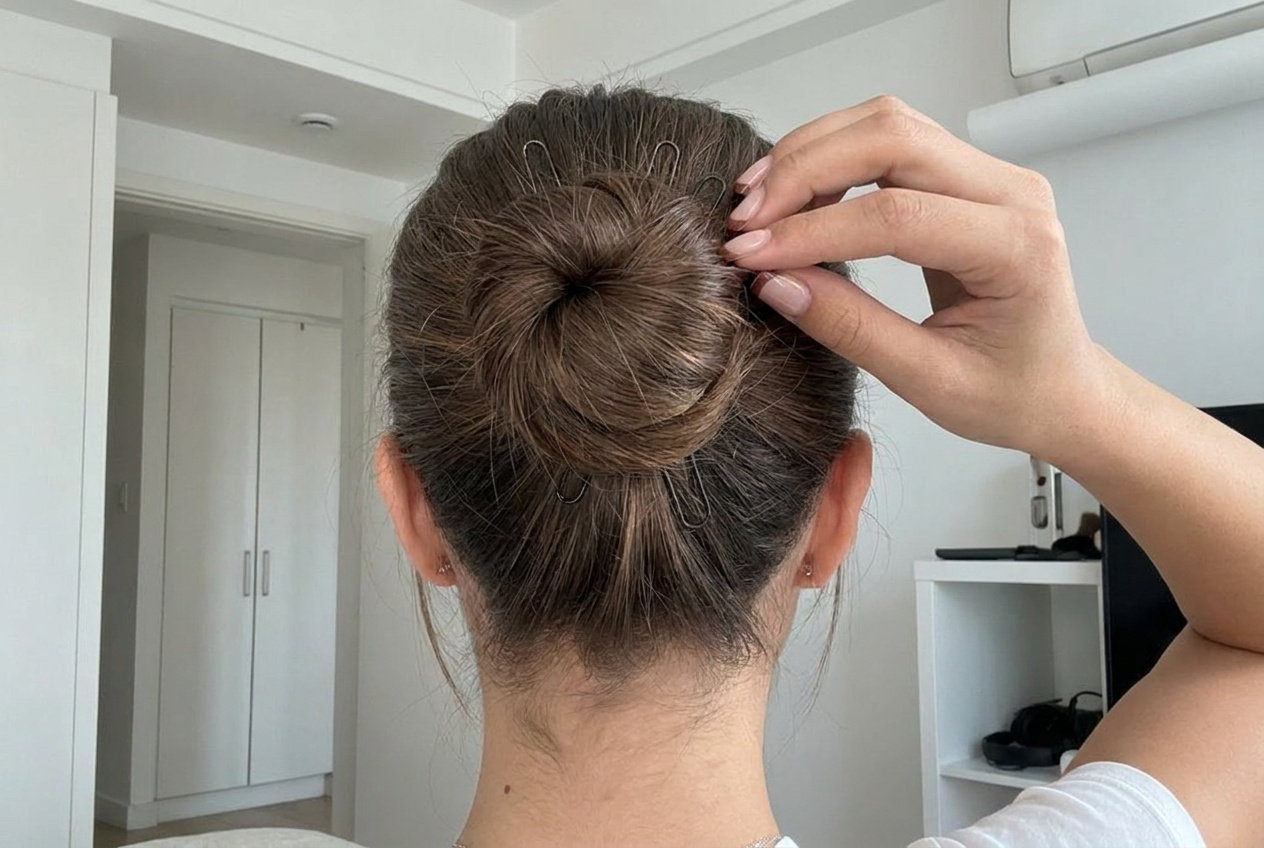 A wrapped bun secured with U-pins, full enough to read elegant, tight enough to stay polished