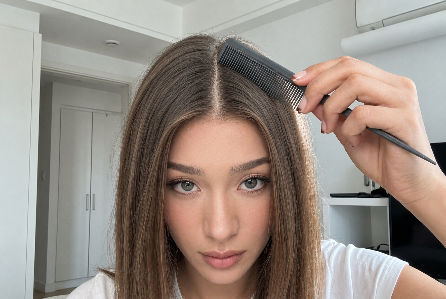 A clean center part drawn with a fine-tooth comb, the foundation of the whole look