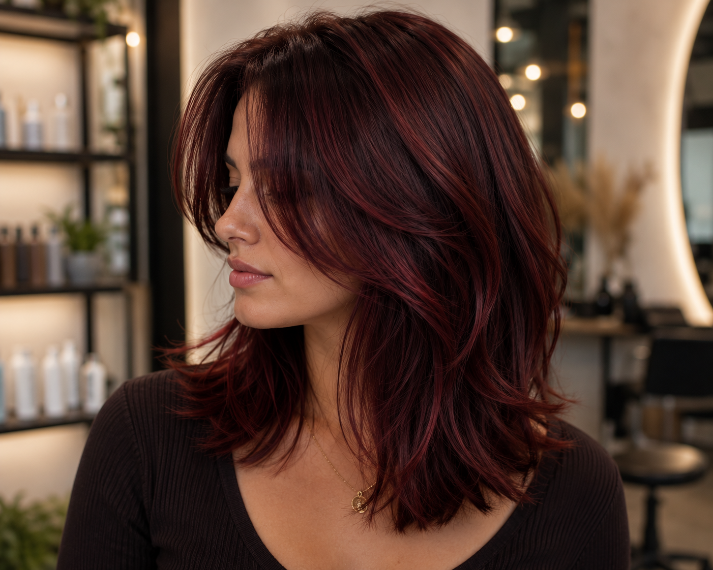 Cherry auburn blends mahogany, burgundy, and warm red for a shade that reads bold indoors and dimensional in daylight.