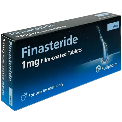 Finasteride 1 mg film-coated tablet box printed with "For use by men only."