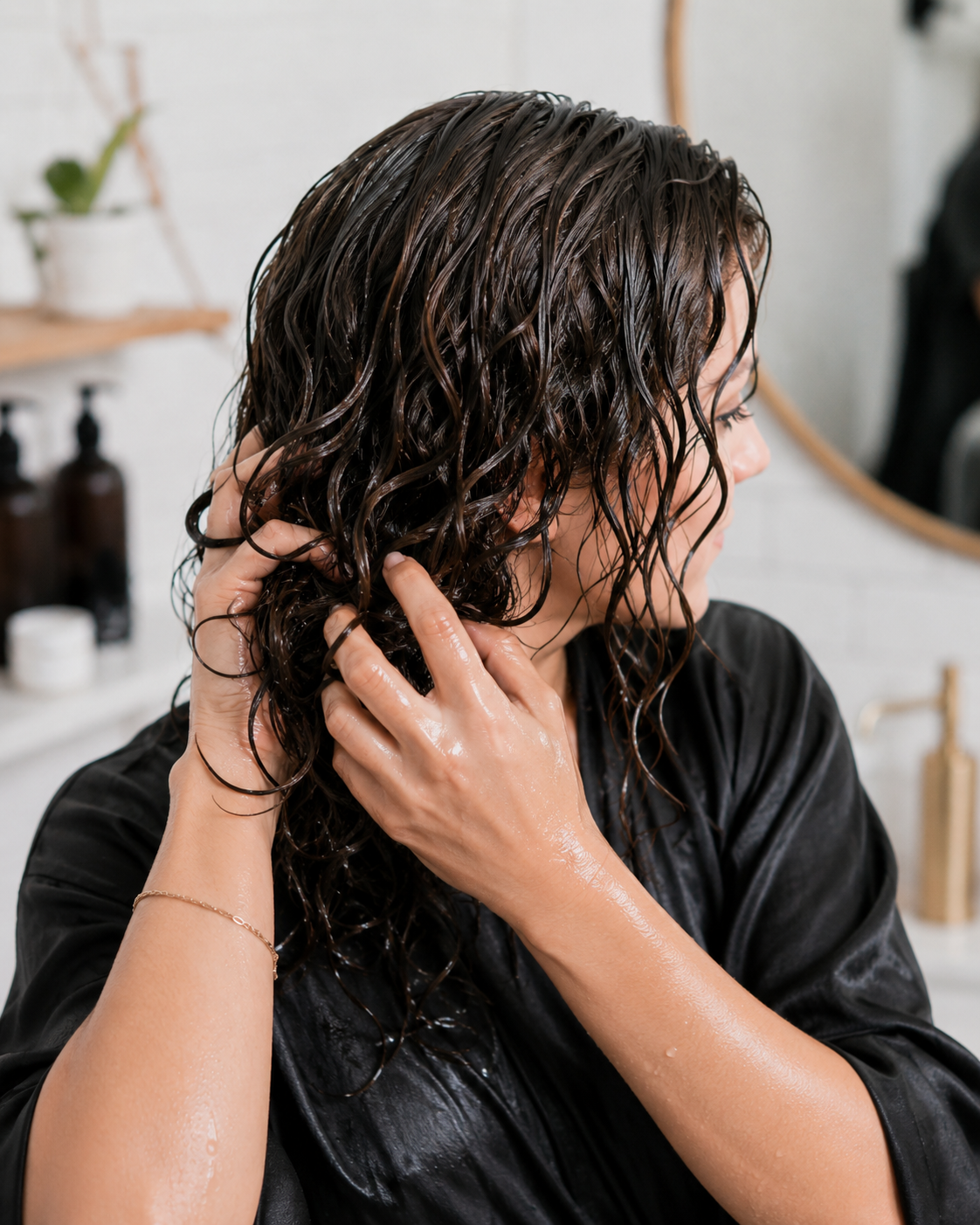 Lightweight gel being scrunched into soaking-wet wavy hair, the cast will soften once the hair is fully dry