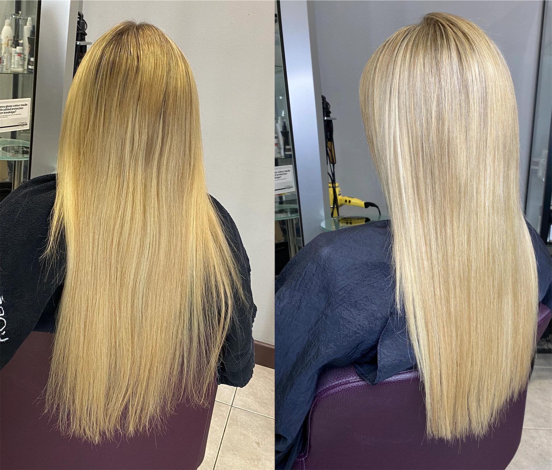 Before and after a toner-style gloss on blonde: yellow and gold tones neutralized, highlights left fully intact.