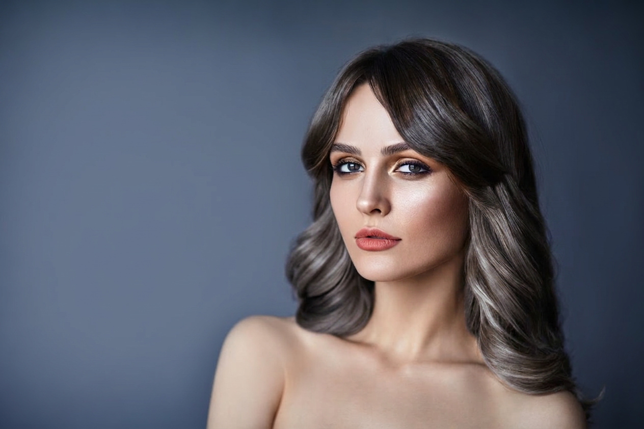 Polished brunette with soft gray blending, the everyday beauty ideal that started in the 1950s