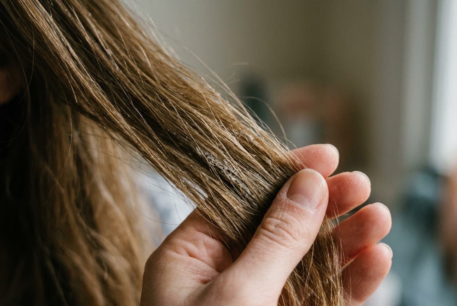 The telltale sign: a rough, straw-like texture on hair that used to feel soft, with buildup you can almost feel between your fingers.