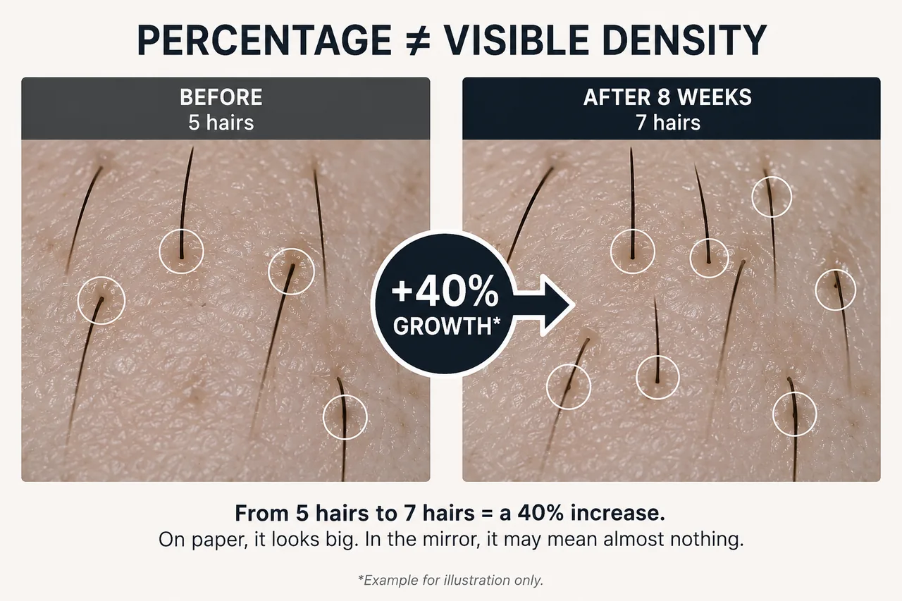 If a nearly bald patch goes from 5 hairs to 7 hairs, that is a 40% increase. On paper it looks big. In the mirror, it may mean almost nothing.