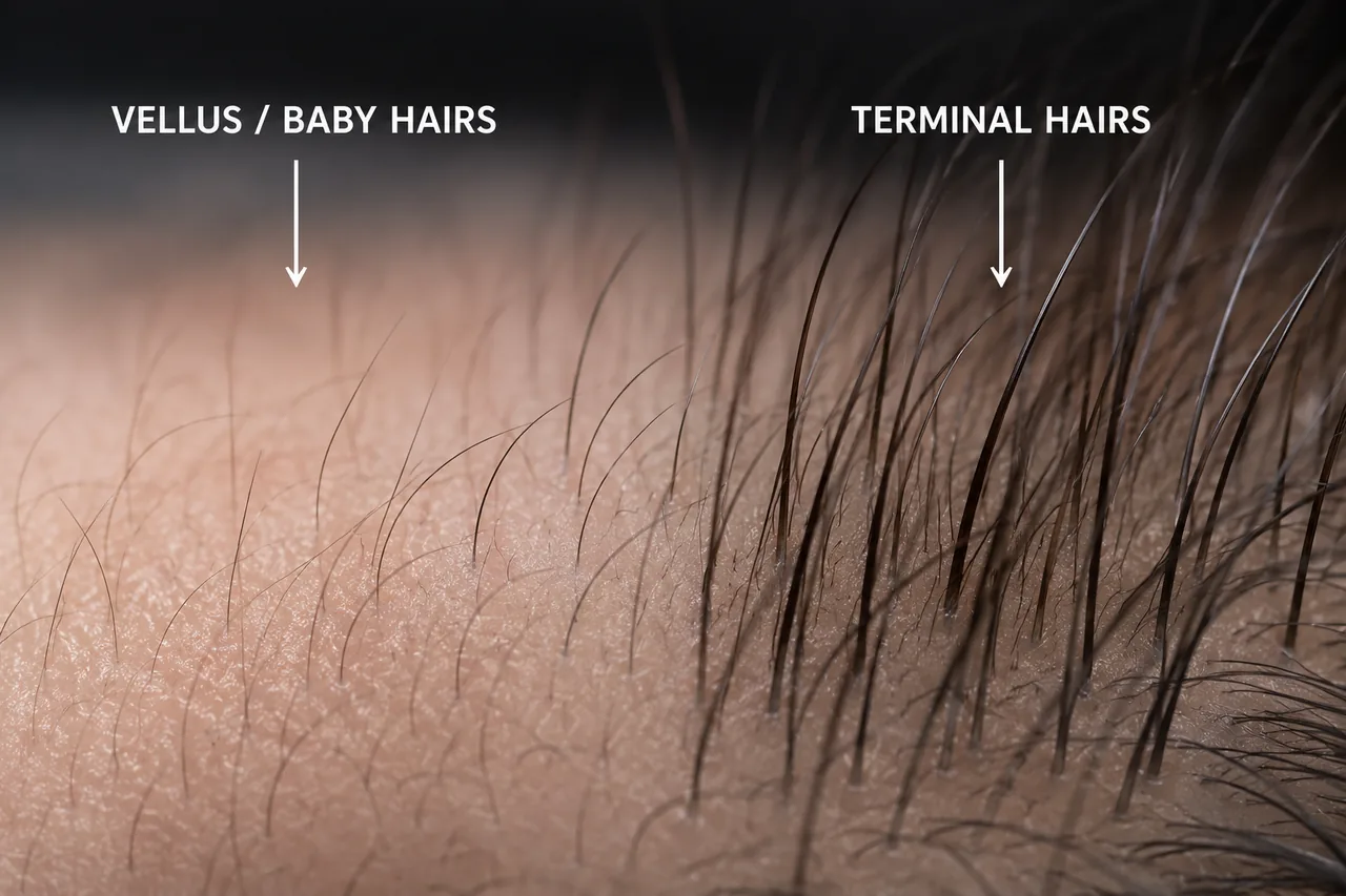 Terminal hairs are the thicker, stronger hairs that actually change how full the scalp looks. Vellus hairs are fine, wispy, and often not cosmetically meaningful.