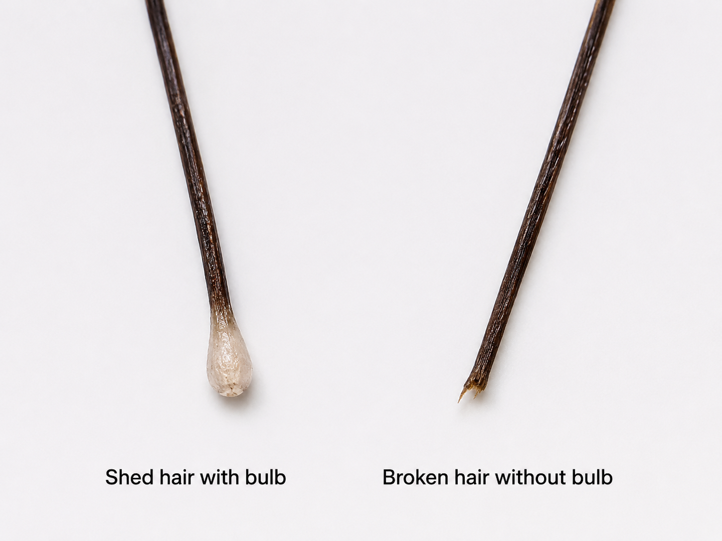 Comparison of shed hair with bulb vs broken hair without bulb