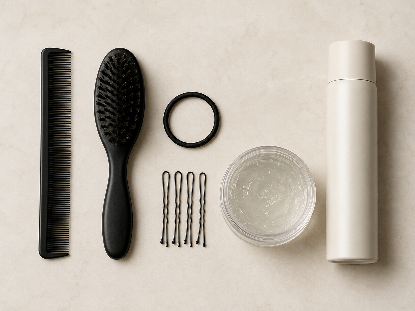 The right tools laid out, comb, smoothing brush, gel, U-pins, and a hair tie